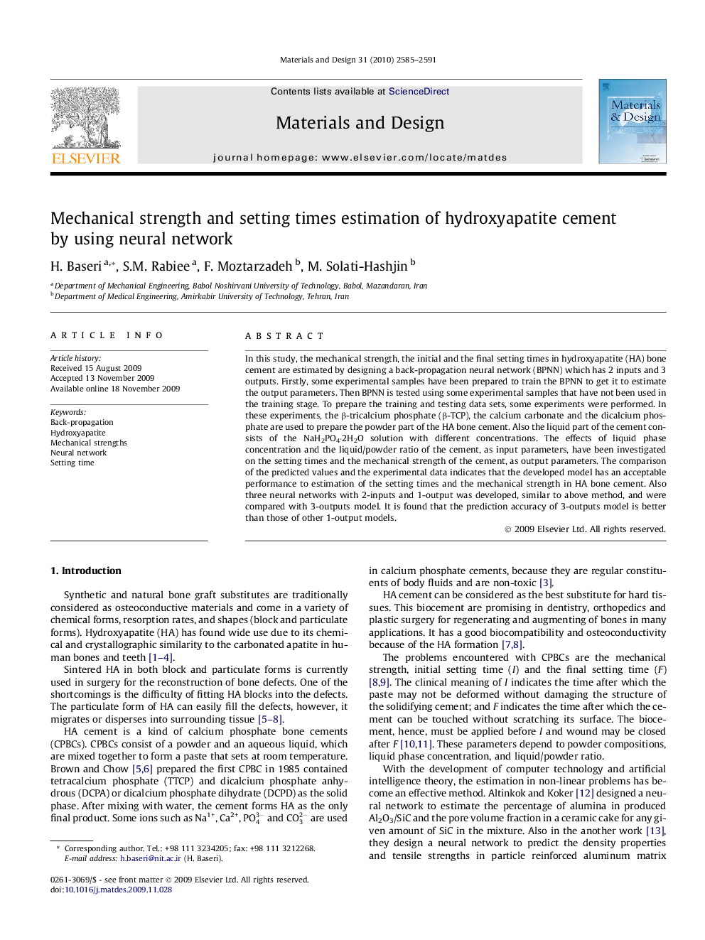 Mechanical strength and setting times estimation of hydroxyapatite cement by using neural network