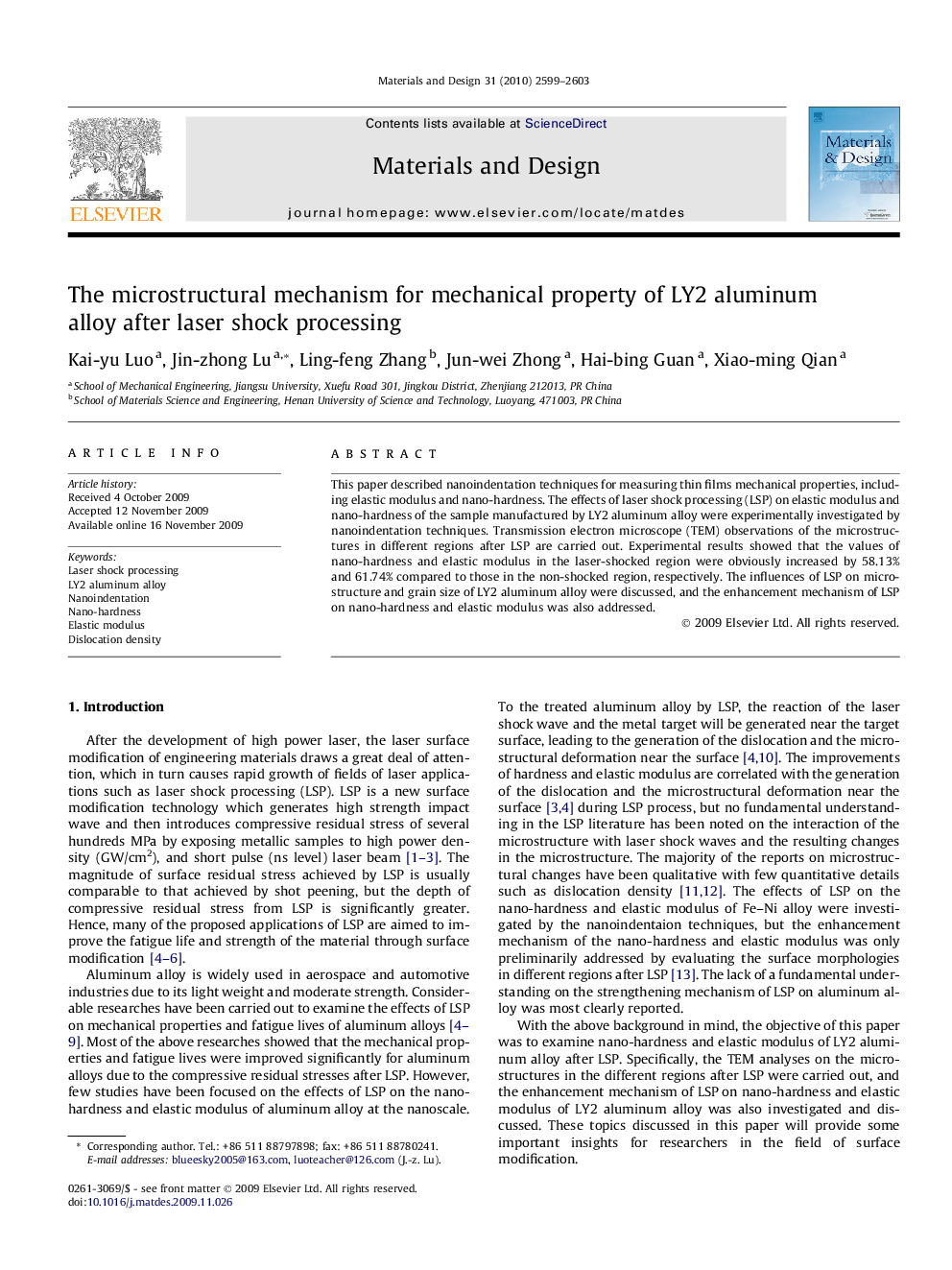 The microstructural mechanism for mechanical property of LY2 aluminum alloy after laser shock processing