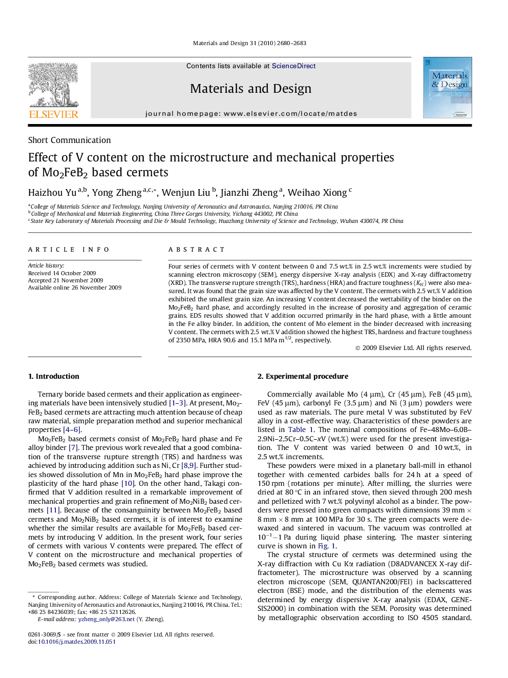 Effect of V content on the microstructure and mechanical properties of Mo2FeB2 based cermets