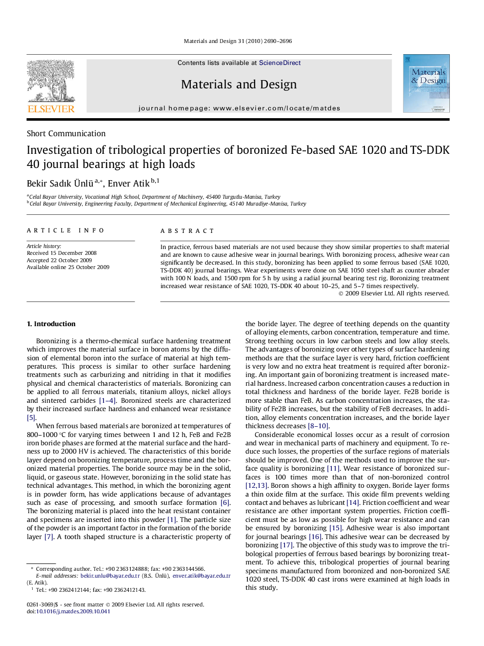 Investigation of tribological properties of boronized Fe-based SAE 1020 and TS-DDK 40 journal bearings at high loads