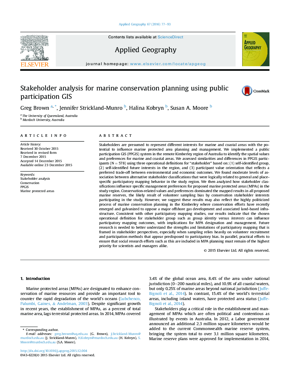 Stakeholder analysis for marine conservation planning using public participation GIS