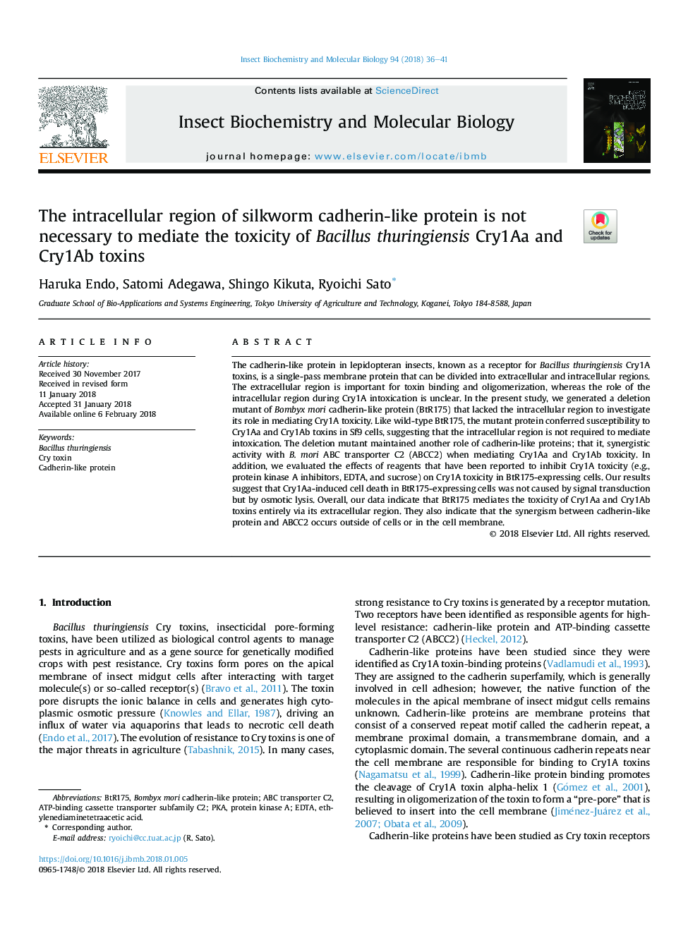 The intracellular region of silkworm cadherin-like protein is not necessary to mediate the toxicity of Bacillus thuringiensis Cry1Aa and Cry1Ab toxins