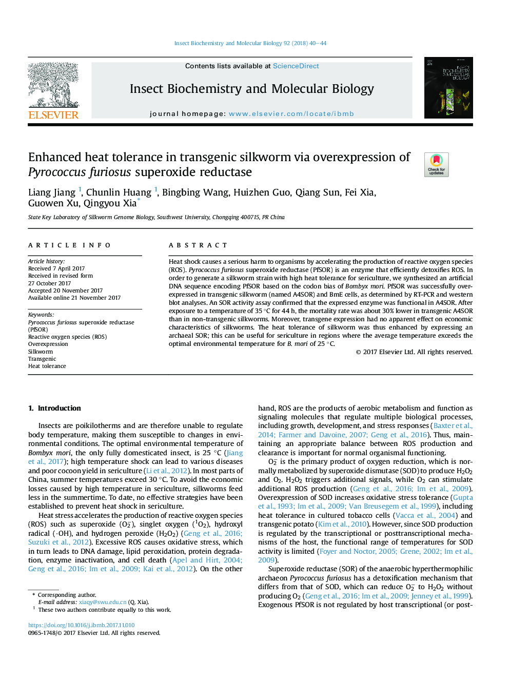 Enhanced heat tolerance in transgenic silkworm via overexpression of Pyrococcus furiosus superoxide reductase