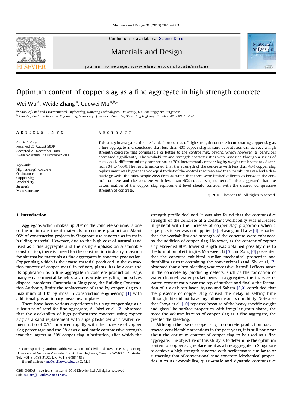 Optimum content of copper slag as a fine aggregate in high strength concrete