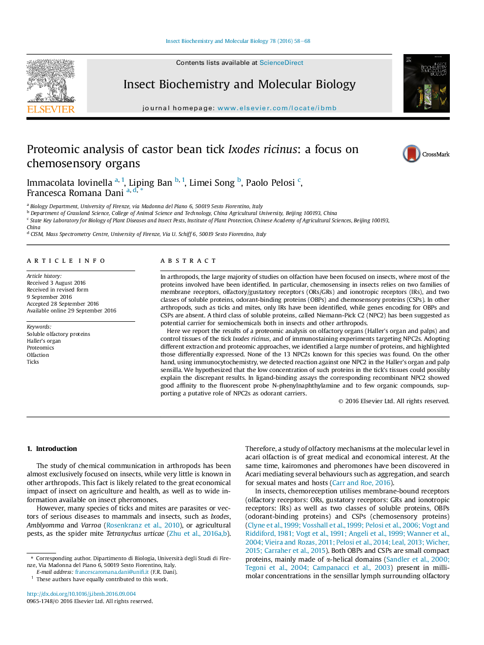 Proteomic analysis of castor bean tick Ixodes ricinus: a focus on chemosensory organs