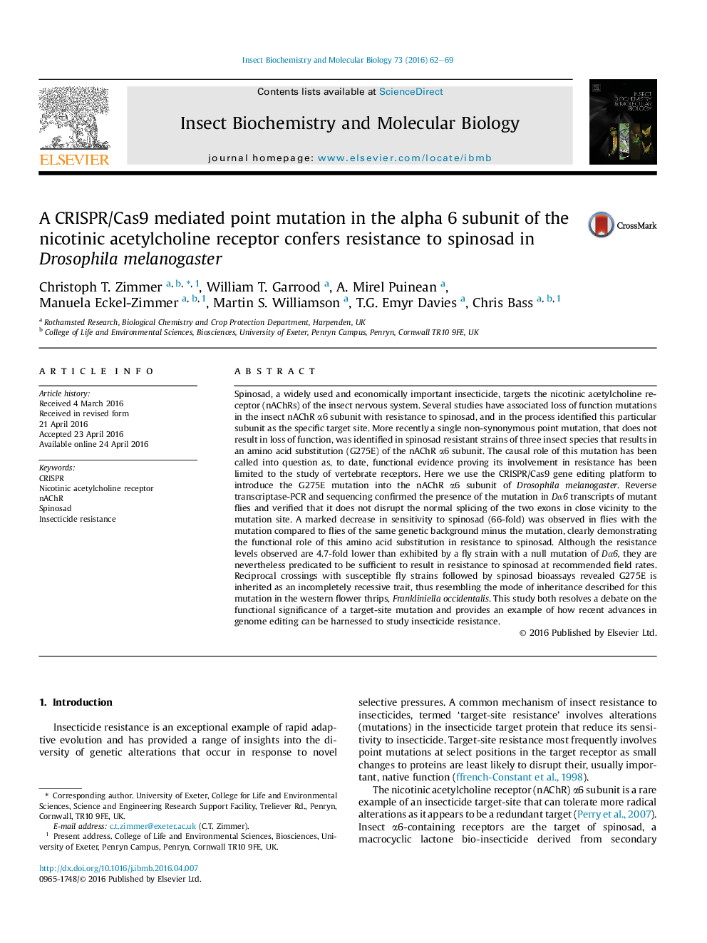 A CRISPR/Cas9 mediated point mutation in the alpha 6 subunit of the nicotinic acetylcholine receptor confers resistance to spinosad in Drosophila melanogaster