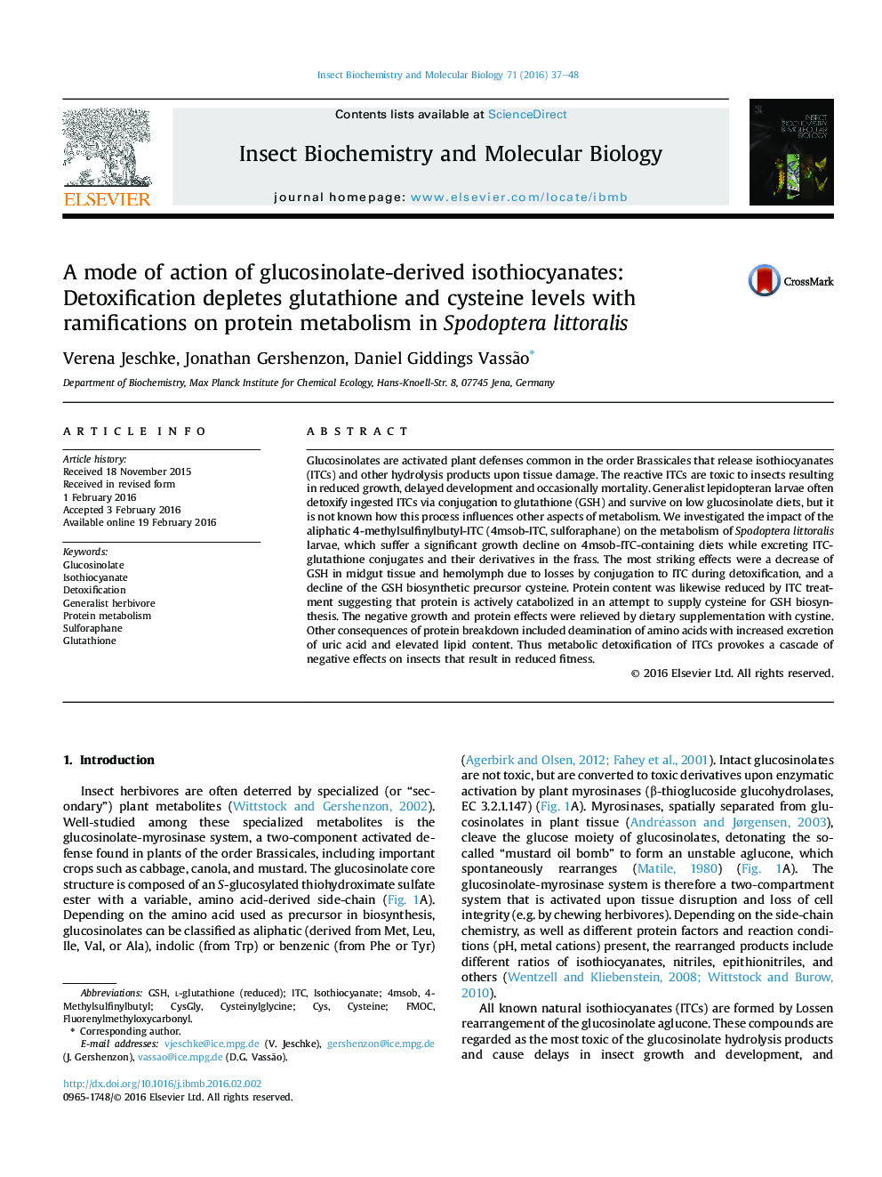 A mode of action of glucosinolate-derived isothiocyanates: Detoxification depletes glutathione and cysteine levels with ramifications on protein metabolism in Spodoptera littoralis