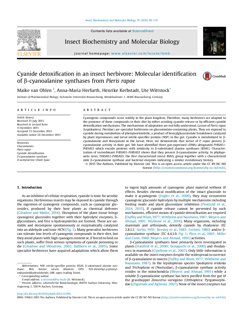 Cyanide detoxification in an insect herbivore: Molecular identification of Î²-cyanoalanine synthases from Pieris rapae