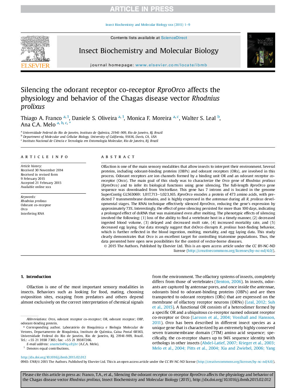 Silencing the odorant receptor co-receptor RproOrco affects the physiology and behavior of the Chagas disease vector Rhodnius prolixus