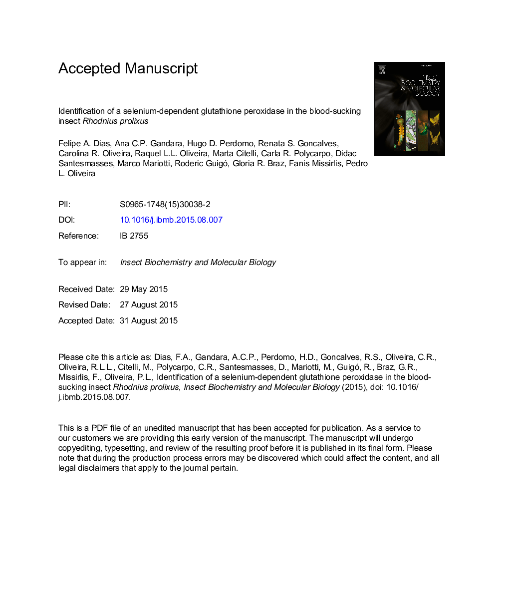 Identification of a selenium-dependent glutathione peroxidase in the blood-sucking insect Rhodnius prolixus