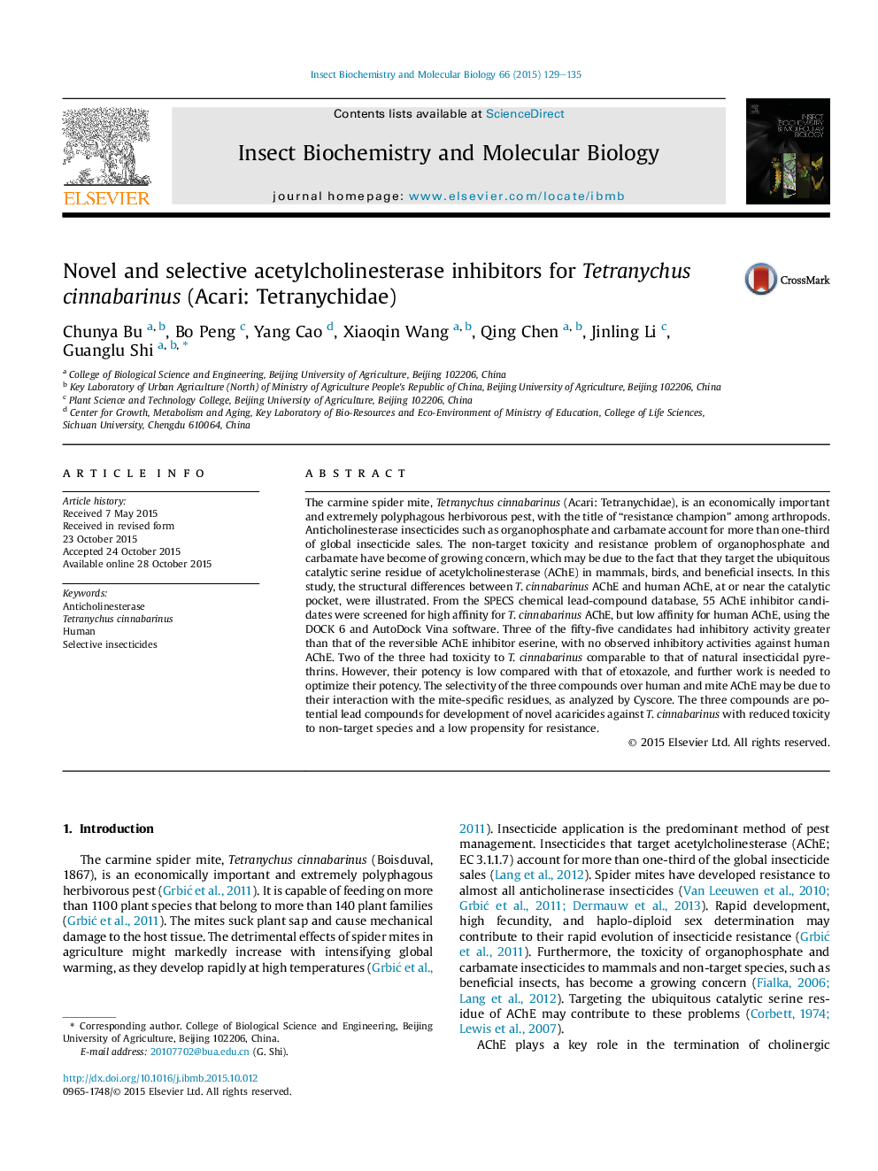 Novel and selective acetylcholinesterase inhibitors for Tetranychus cinnabarinus (Acari: Tetranychidae)