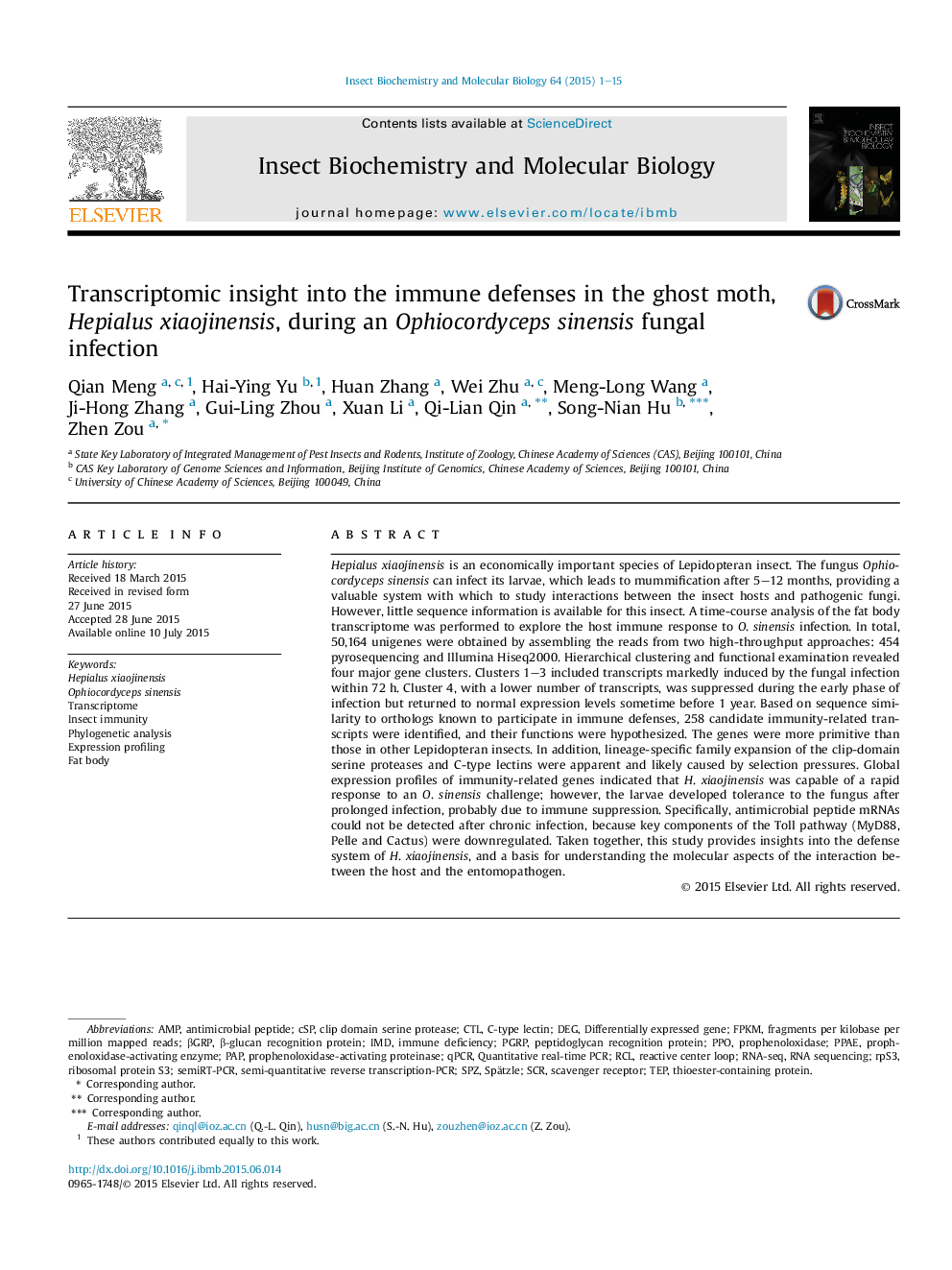 Transcriptomic insight into the immune defenses in the ghost moth, Hepialus xiaojinensis, during an Ophiocordyceps sinensis fungal infection