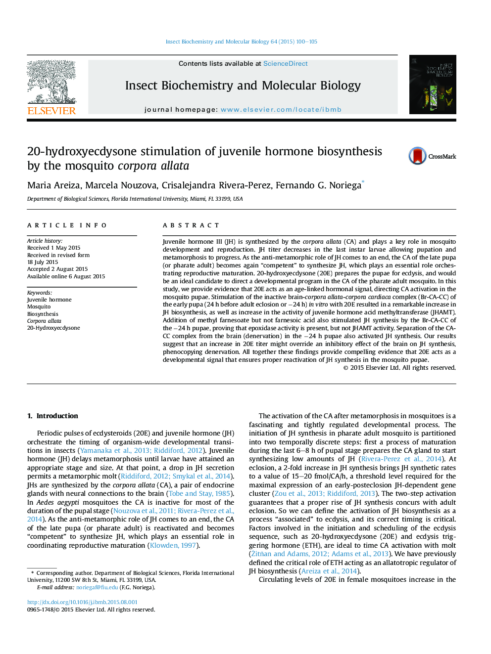 20-hydroxyecdysone stimulation of juvenile hormone biosynthesis byÂ the mosquito corpora allata
