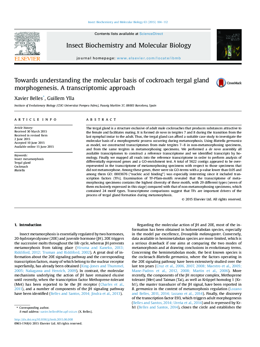 Towards understanding the molecular basis of cockroach tergal gland morphogenesis. A transcriptomic approach