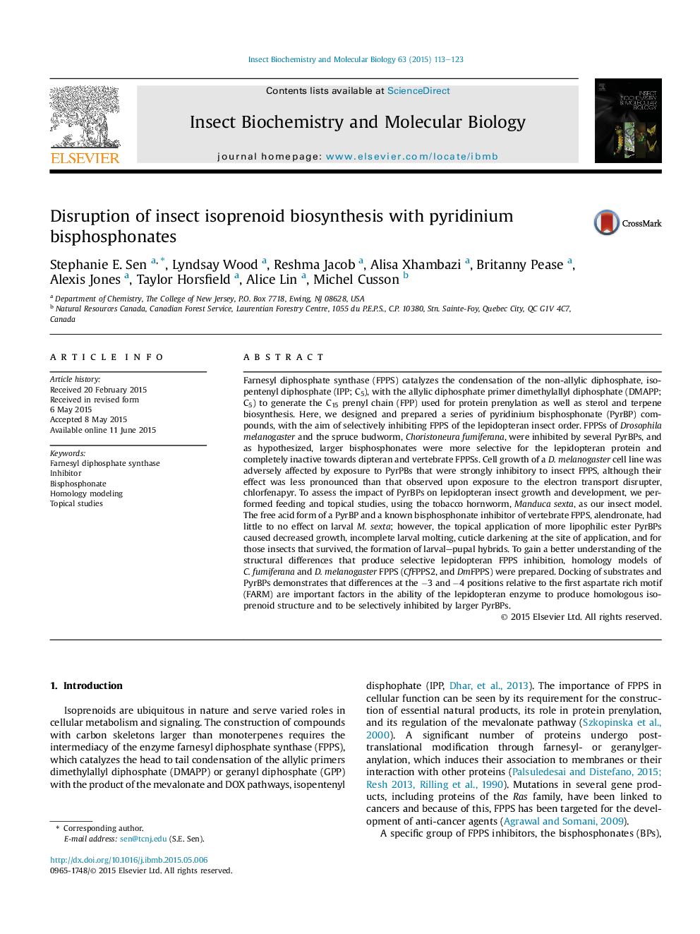 Disruption of insect isoprenoid biosynthesis with pyridinium bisphosphonates