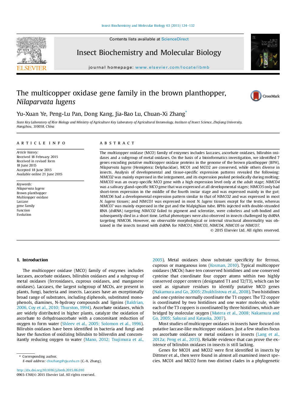 The multicopper oxidase gene family in the brown planthopper, Nilaparvata lugens