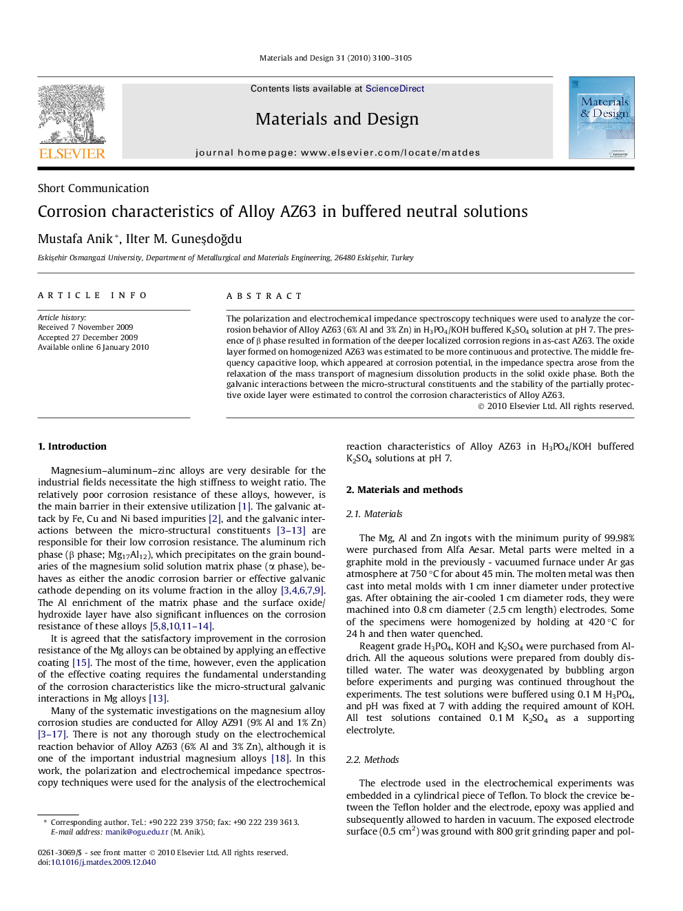 Corrosion characteristics of Alloy AZ63 in buffered neutral solutions