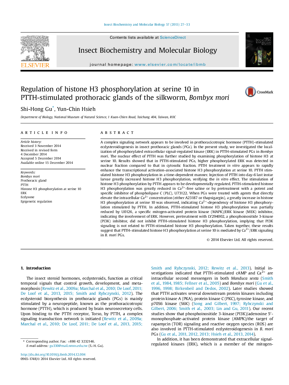 Regulation of histone H3 phosphorylation at serine 10 in PTTH-stimulated prothoracic glands of the silkworm, Bombyx mori