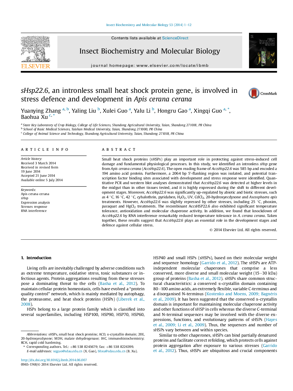 sHsp22.6, an intronless small heat shock protein gene, is involved in stress defence and development in Apis cerana cerana