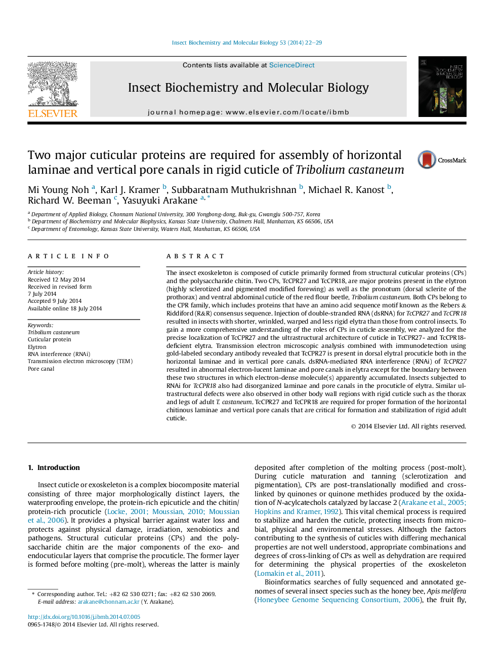 Two major cuticular proteins are required for assembly of horizontal laminae and vertical pore canals in rigid cuticle of Tribolium castaneum