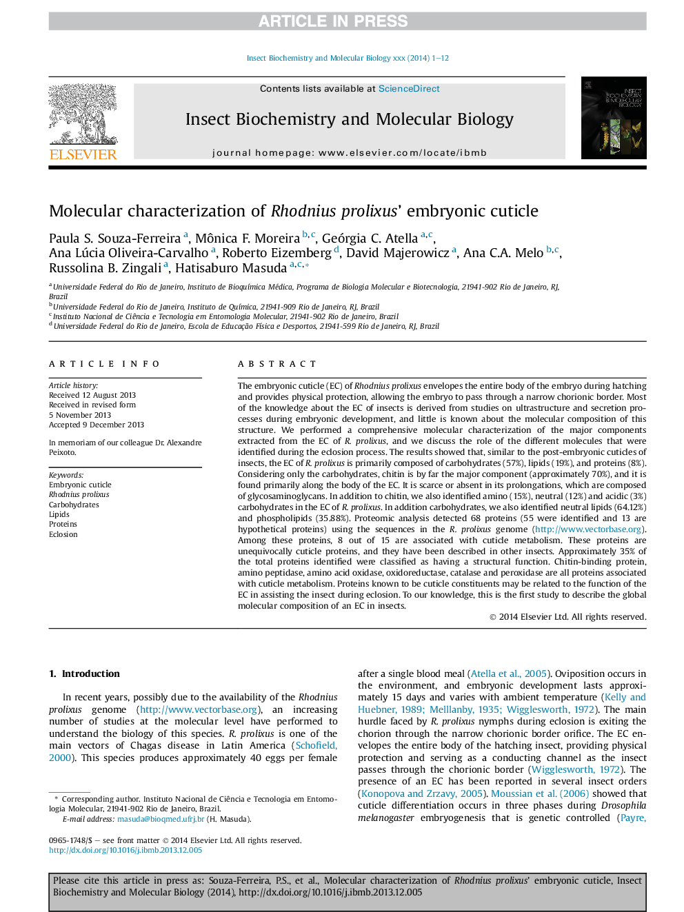 Molecular characterization of Rhodnius prolixus' embryonic cuticle