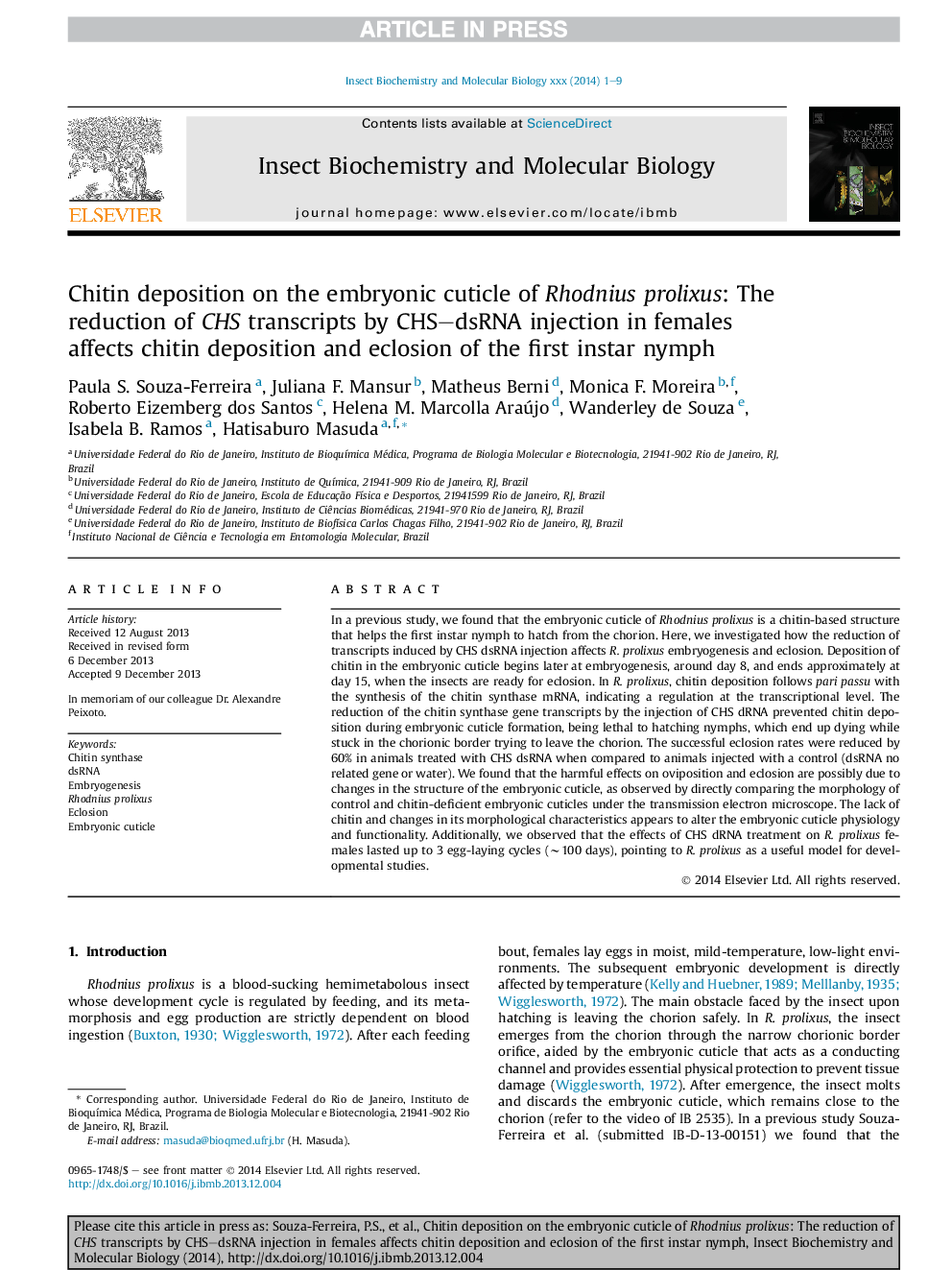 Chitin deposition on the embryonic cuticle of Rhodnius prolixus: The reduction of CHS transcripts by CHS-dsRNA injection in females affects chitin deposition and eclosion of the first instar nymph