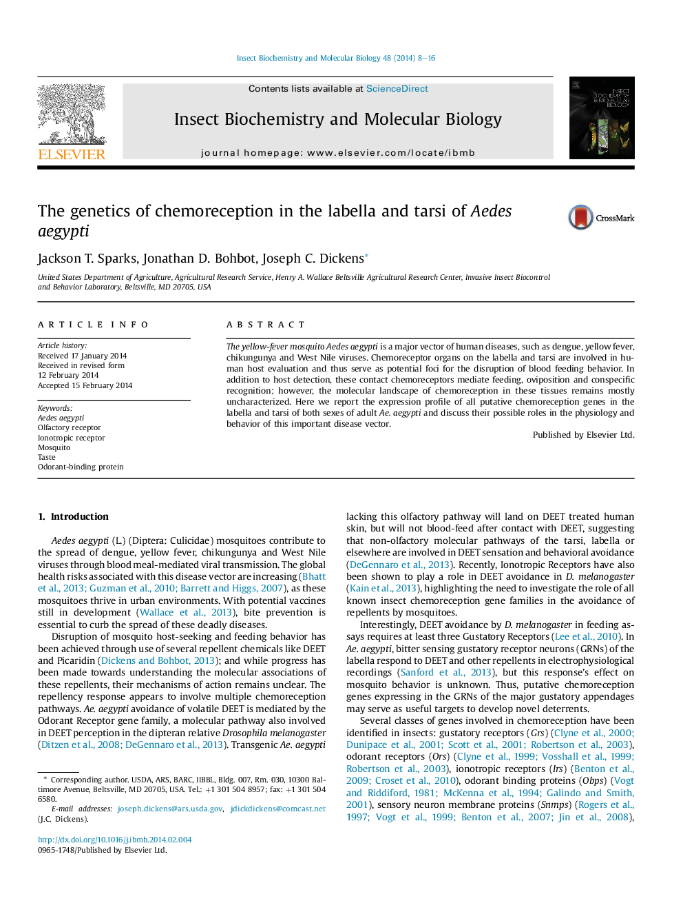 The genetics of chemoreception in the labella and tarsi of Aedes aegypti