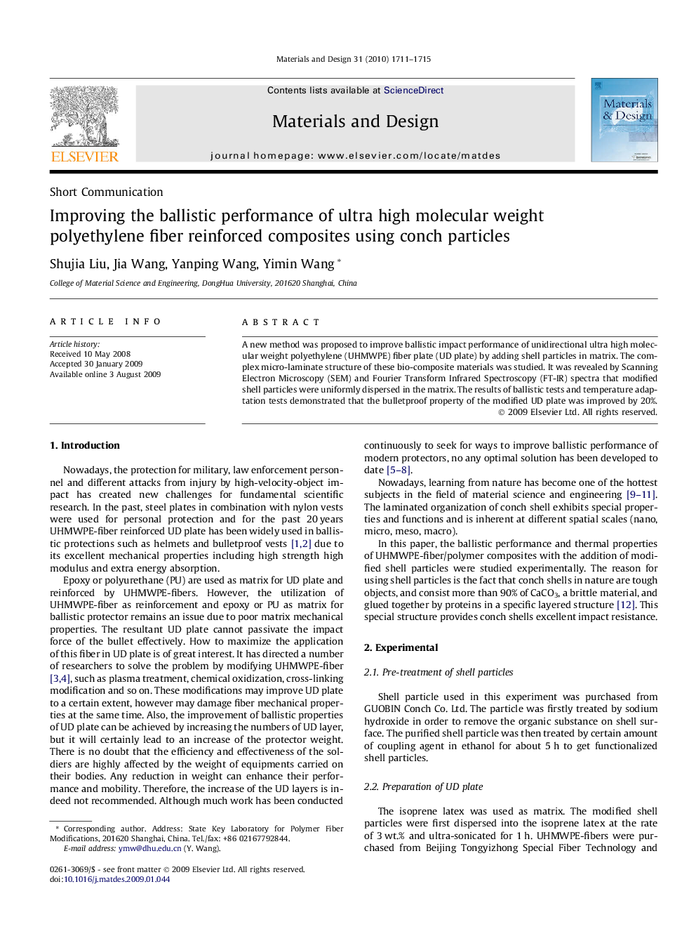 Improving the ballistic performance of ultra high molecular weight polyethylene fiber reinforced composites using conch particles