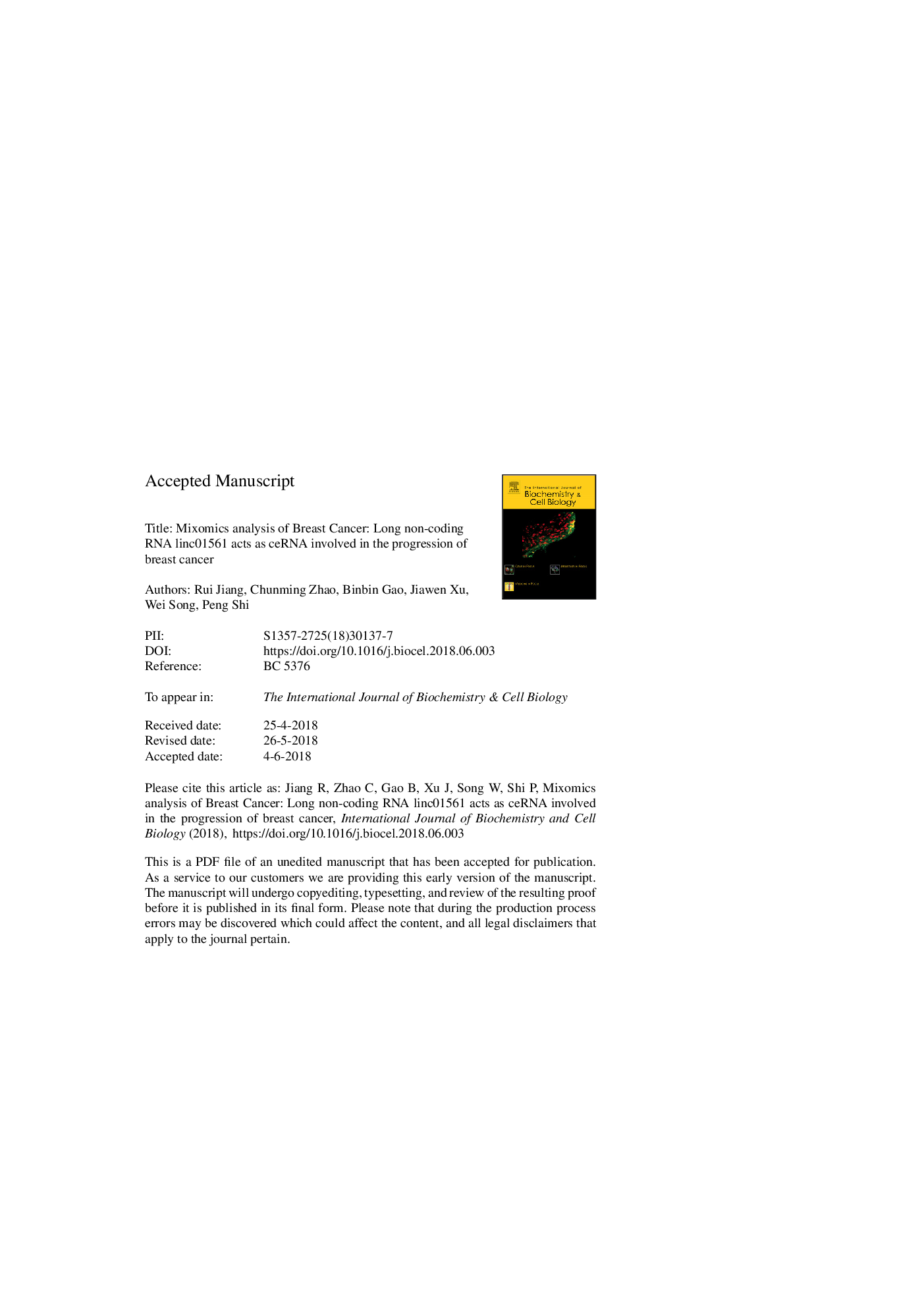 Mixomics analysis of breast cancer: Long non-coding RNA linc01561 acts as ceRNA involved in the progression of breast cancer