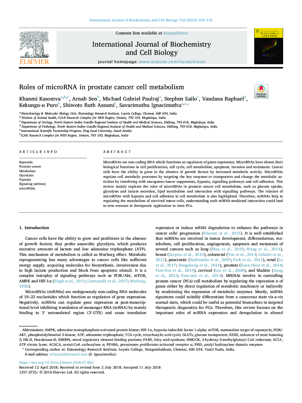 Roles of microRNA in prostate cancer cell metabolism