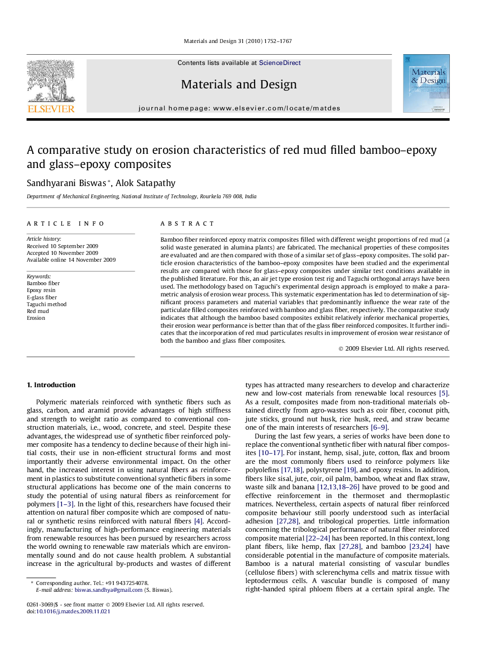 A comparative study on erosion characteristics of red mud filled bamboo–epoxy and glass–epoxy composites