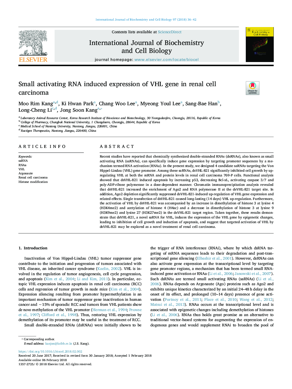 Small activating RNA induced expression of VHL gene in renal cell carcinoma