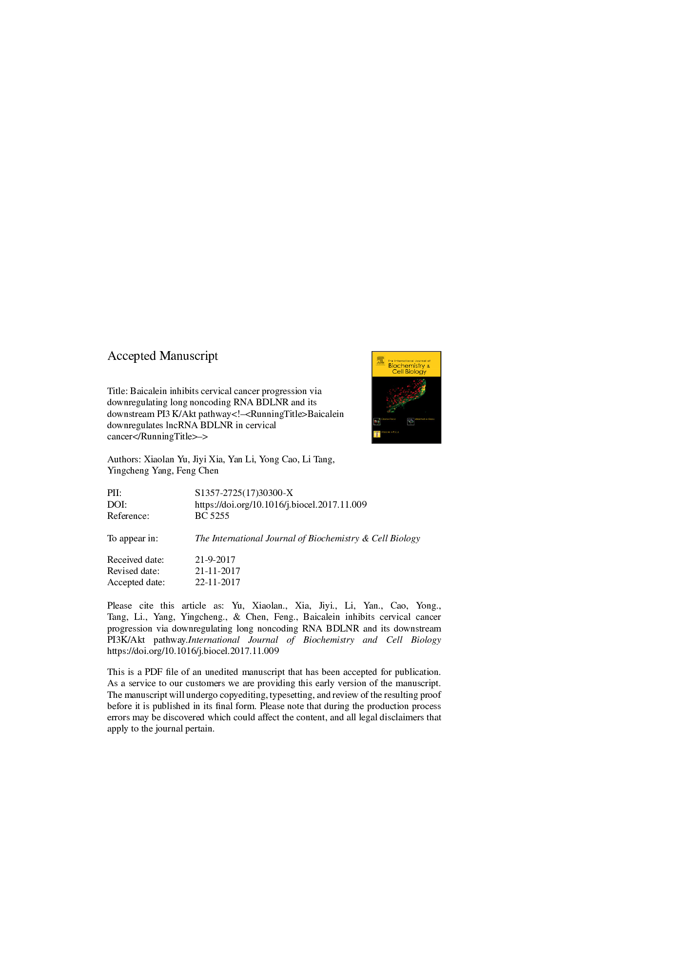 Baicalein inhibits cervical cancer progression via downregulating long noncoding RNA BDLNR and its downstream PI3Â K/Akt pathway