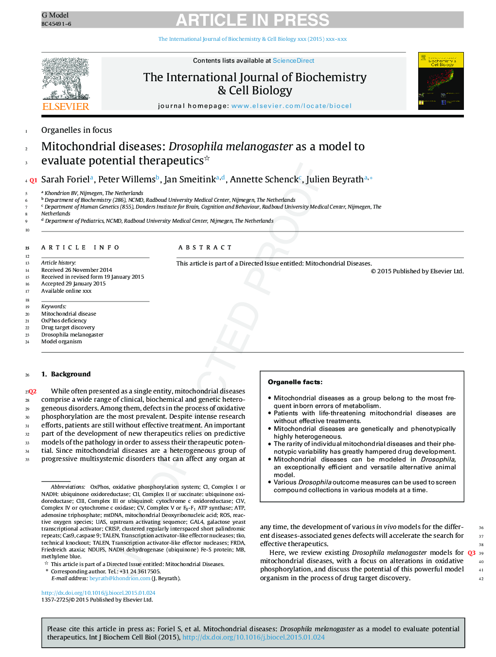 Mitochondrial diseases: Drosophila melanogaster as a model to evaluate potential therapeutics