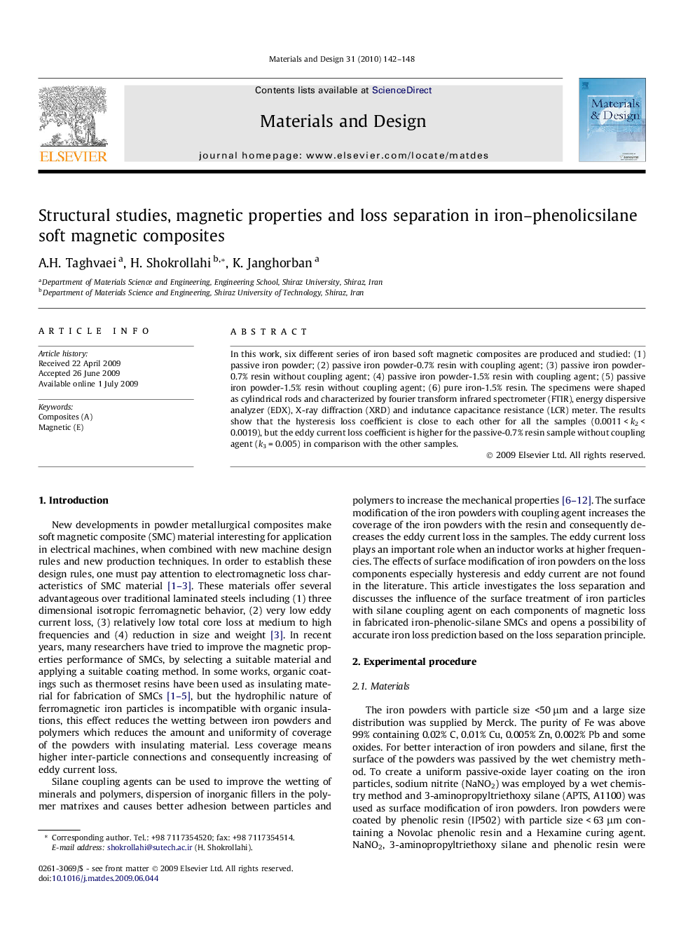 Structural studies, magnetic properties and loss separation in iron–phenolicsilane soft magnetic composites