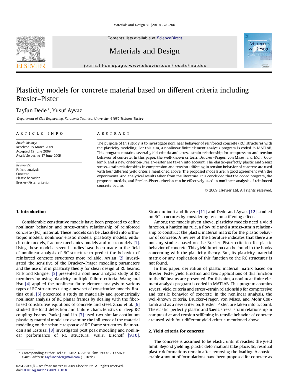 Plasticity models for concrete material based on different criteria including Bresler–Pister