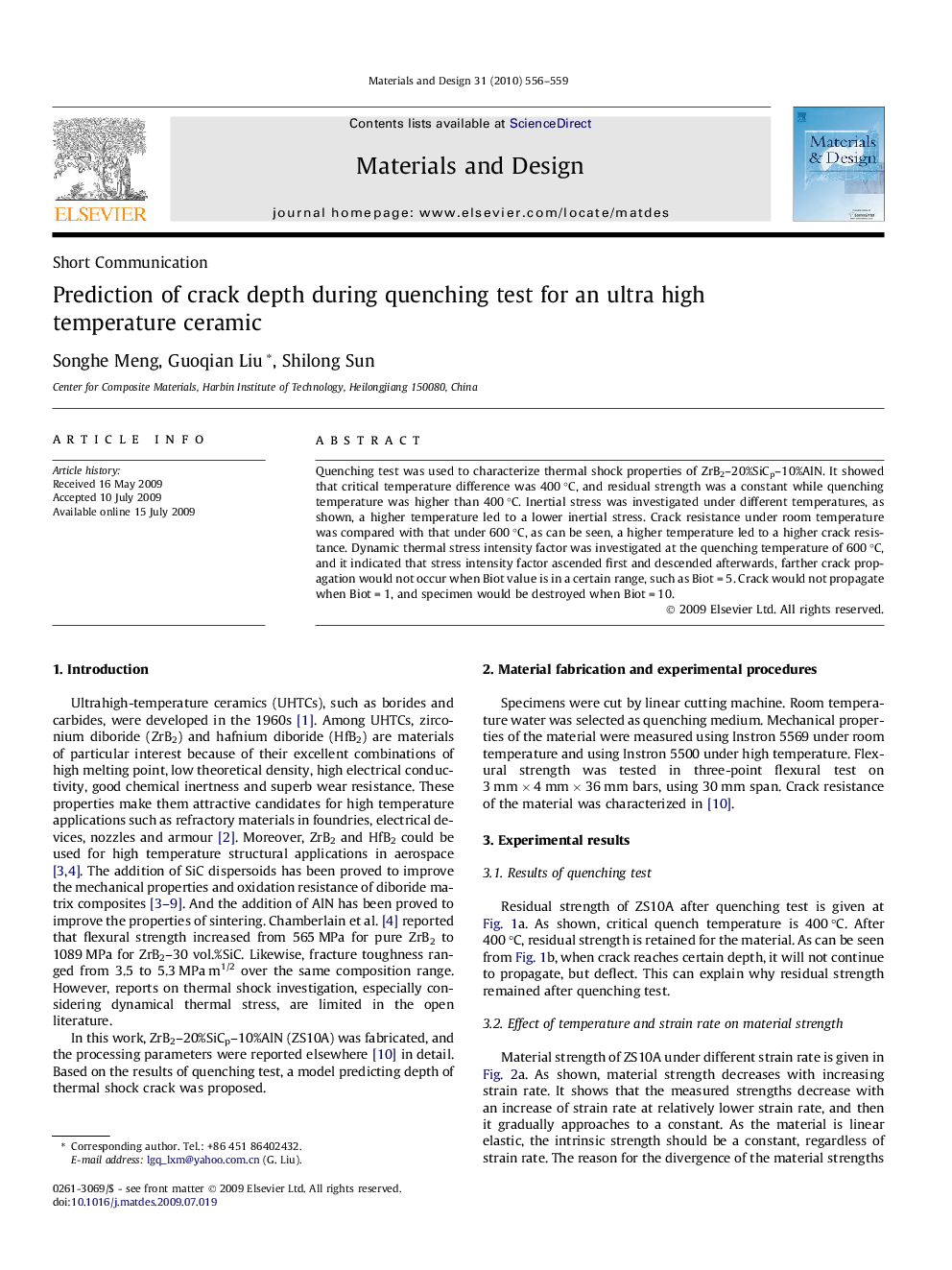 Prediction of crack depth during quenching test for an ultra high temperature ceramic