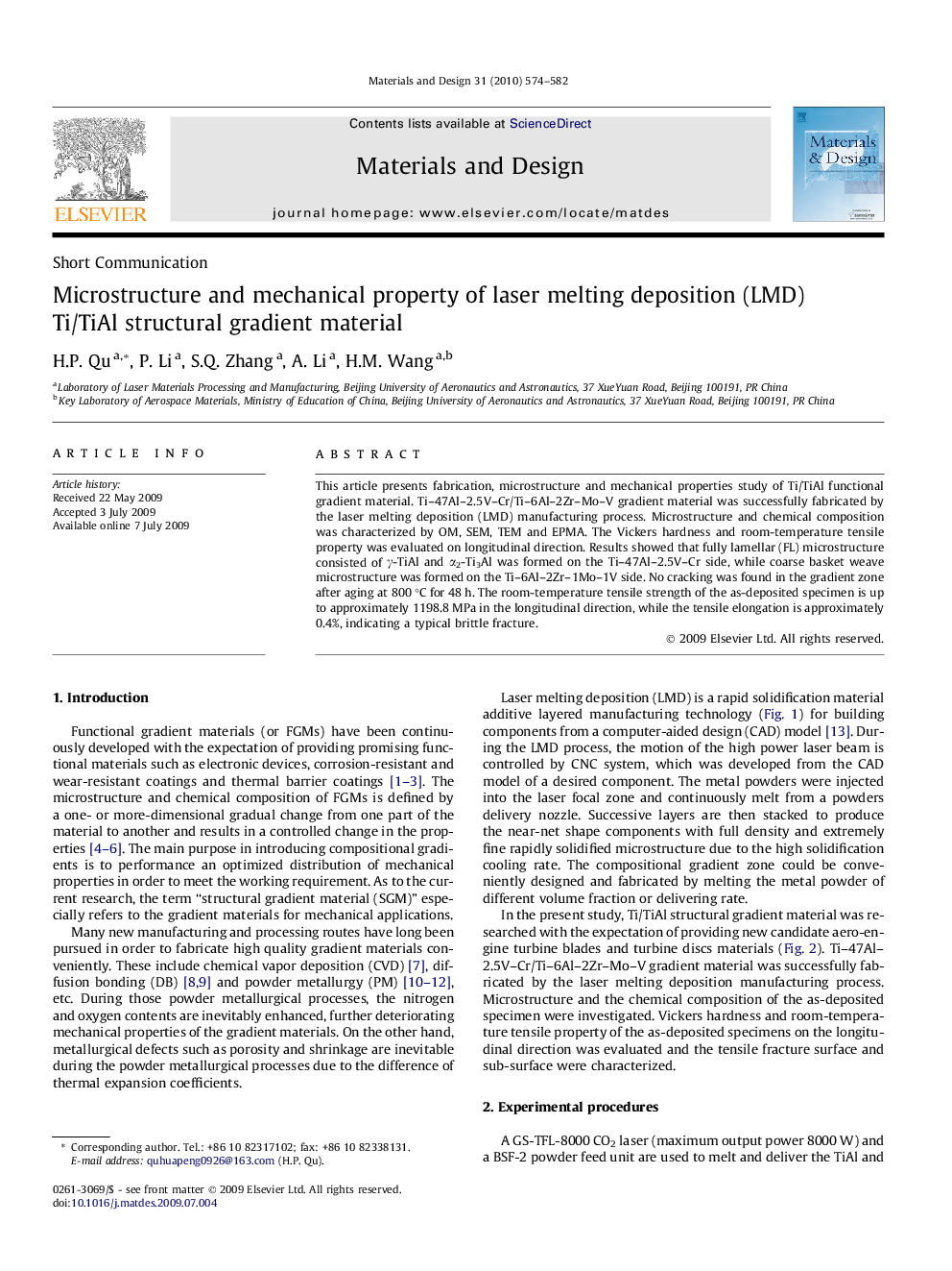 Microstructure and mechanical property of laser melting deposition (LMD) Ti/TiAl structural gradient material