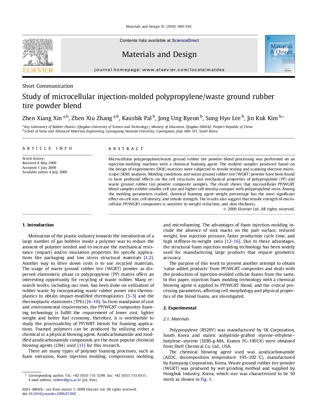 Study of microcellular injection-molded polypropylene/waste ground rubber tire powder blend