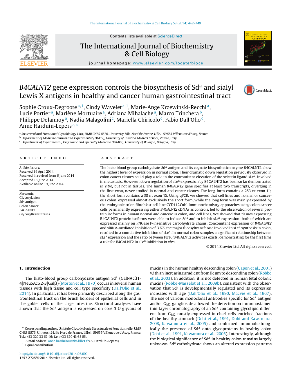 B4GALNT2 gene expression controls the biosynthesis of Sda and sialyl Lewis X antigens in healthy and cancer human gastrointestinal tract