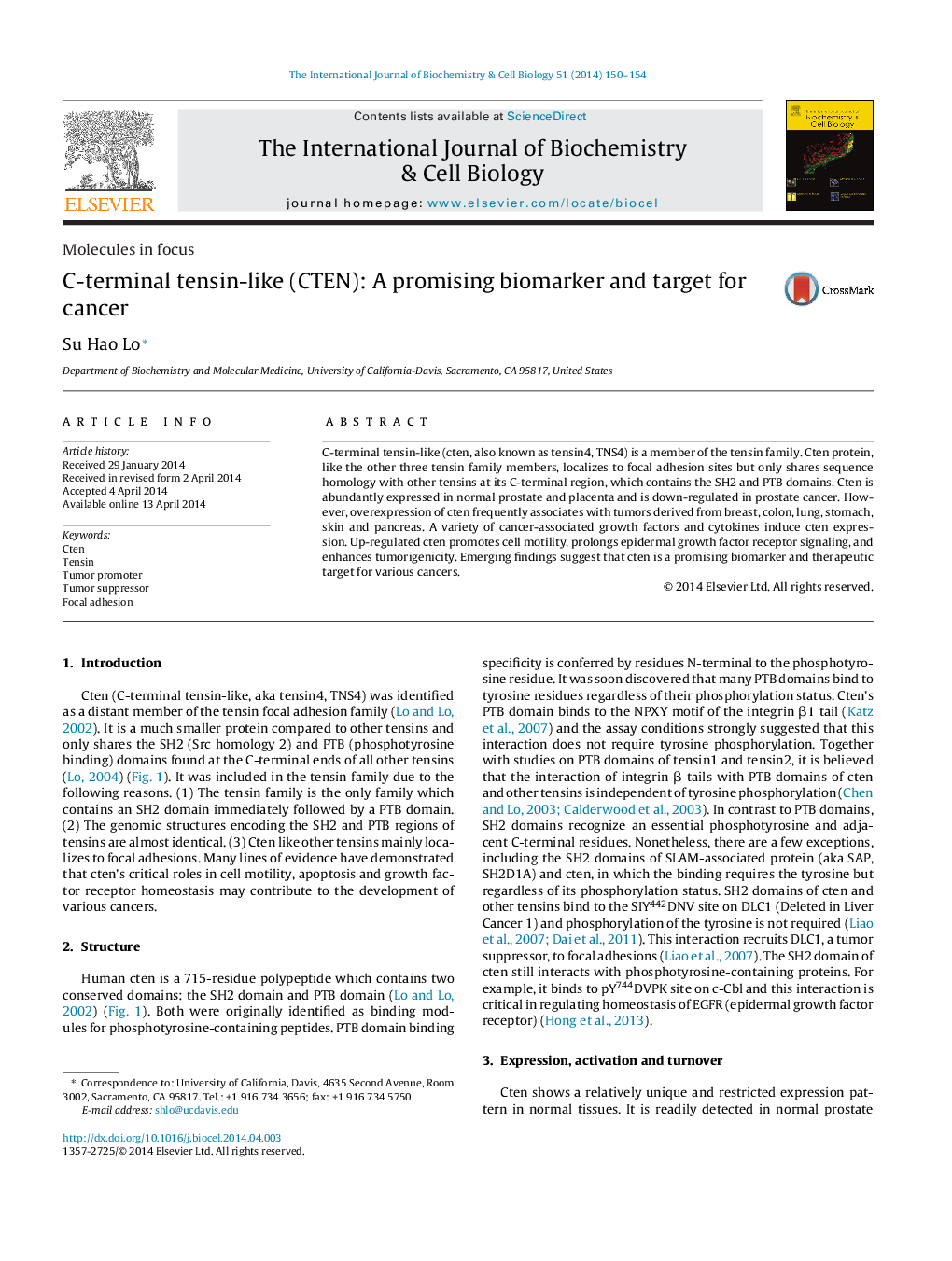 C-terminal tensin-like (CTEN): A promising biomarker and target for cancer