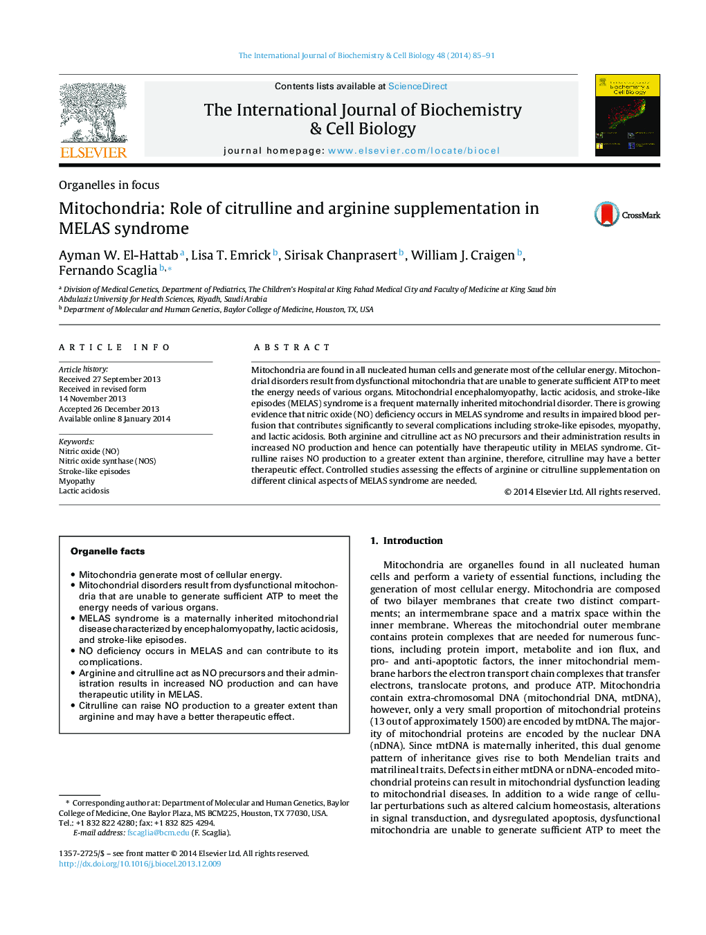 Mitochondria: Role of citrulline and arginine supplementation in MELAS syndrome