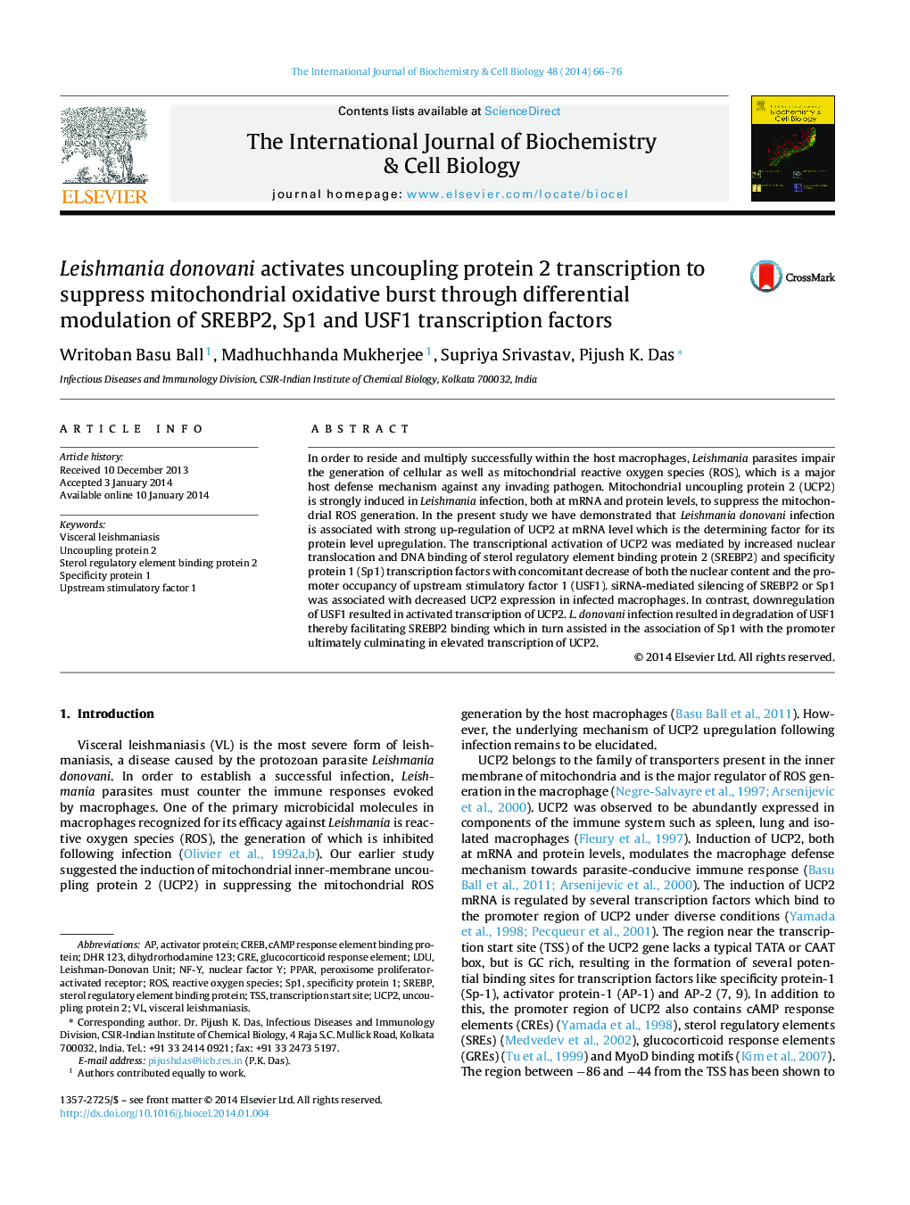 Leishmania donovani activates uncoupling protein 2 transcription to suppress mitochondrial oxidative burst through differential modulation of SREBP2, Sp1 and USF1 transcription factors