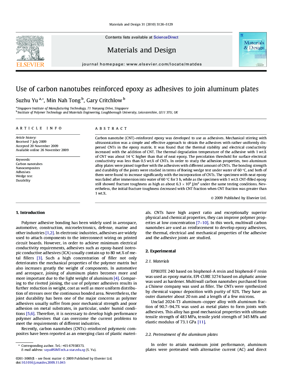 Use of carbon nanotubes reinforced epoxy as adhesives to join aluminum plates