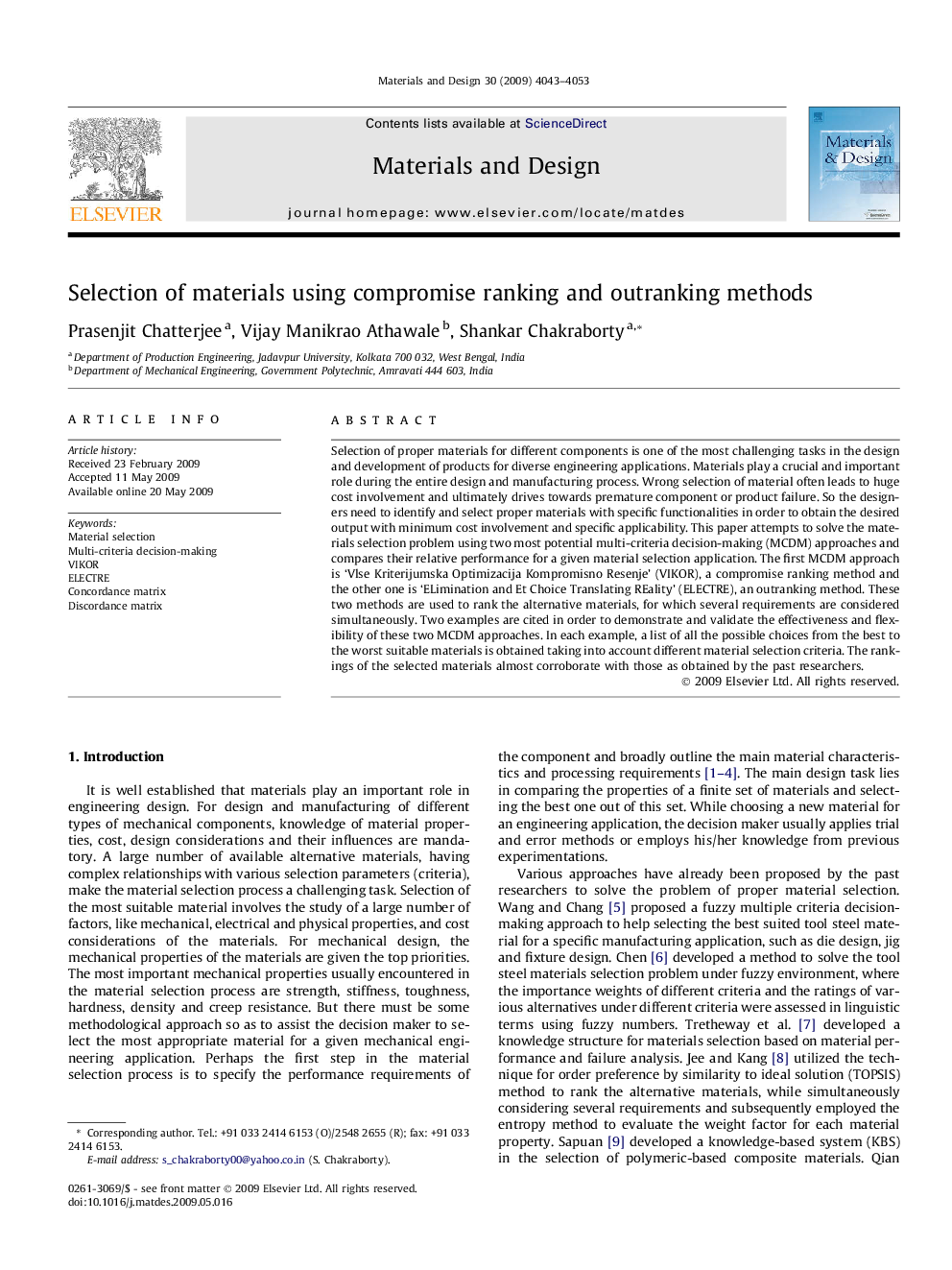 Selection of materials using compromise ranking and outranking methods