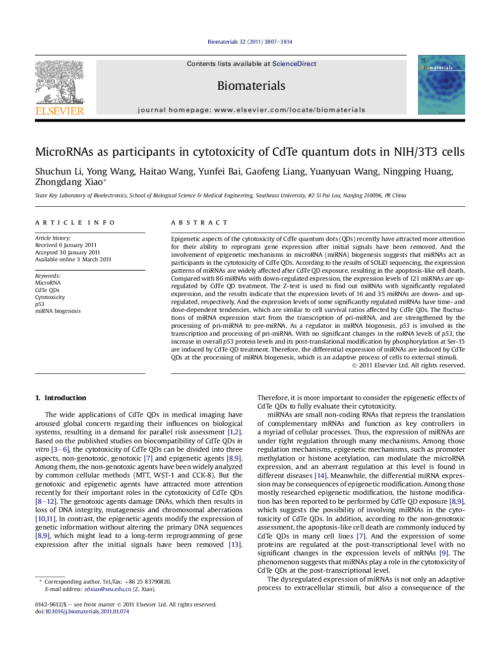 MicroRNAs as participants in cytotoxicity of CdTe quantum dots in NIH/3T3 cells