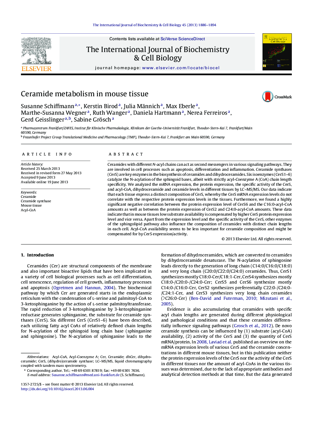 Ceramide metabolism in mouse tissue