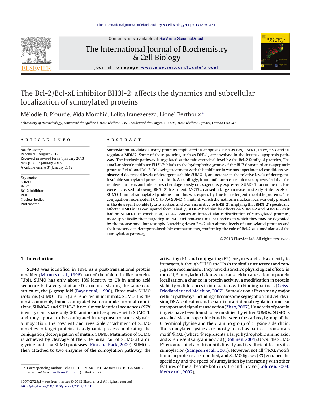 The Bcl-2/Bcl-xL inhibitor BH3I-2â² affects the dynamics and subcellular localization of sumoylated proteins