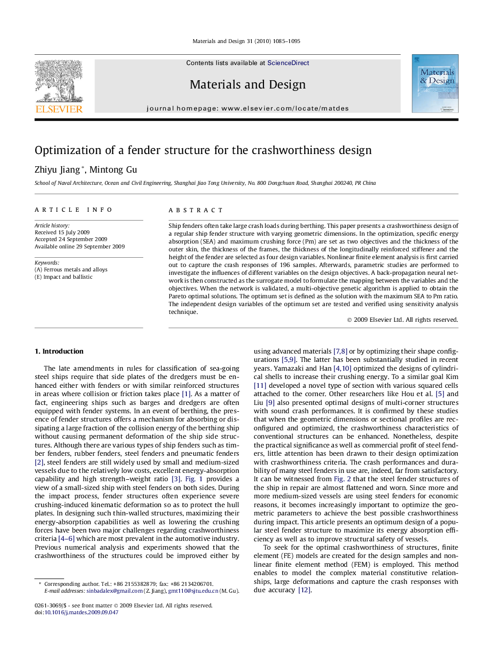 Optimization of a fender structure for the crashworthiness design