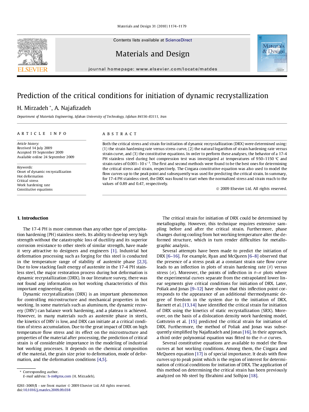 Prediction of the critical conditions for initiation of dynamic recrystallization